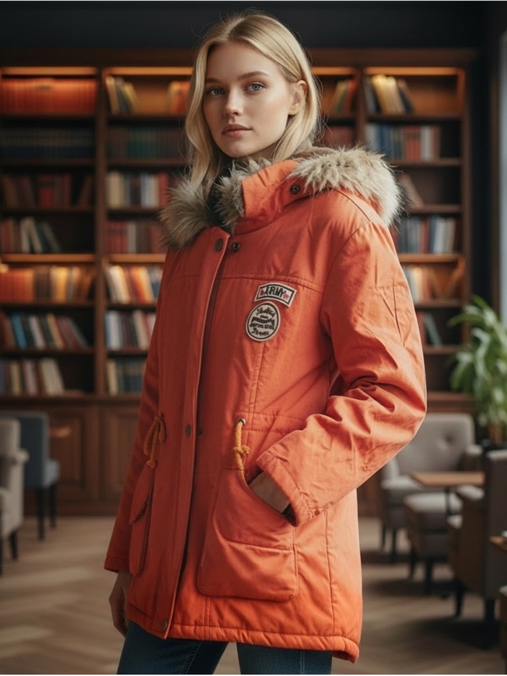 Women's Orange Fur-Trim Hooded Puffer Parka